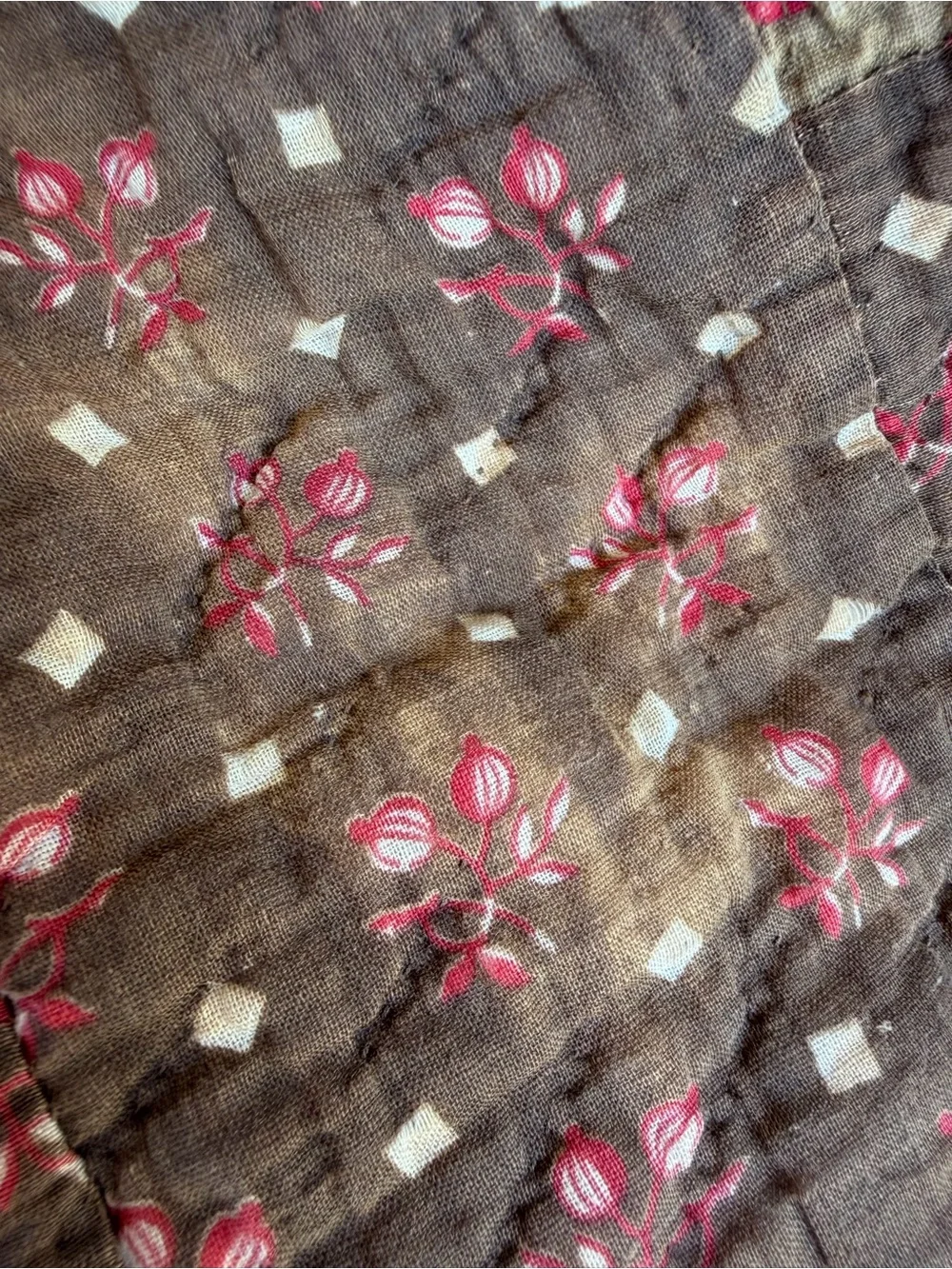Vintage 4 Patch in Square Hand Sewn Quilt Brown Florals Earth Tones 70x76 CUTTER